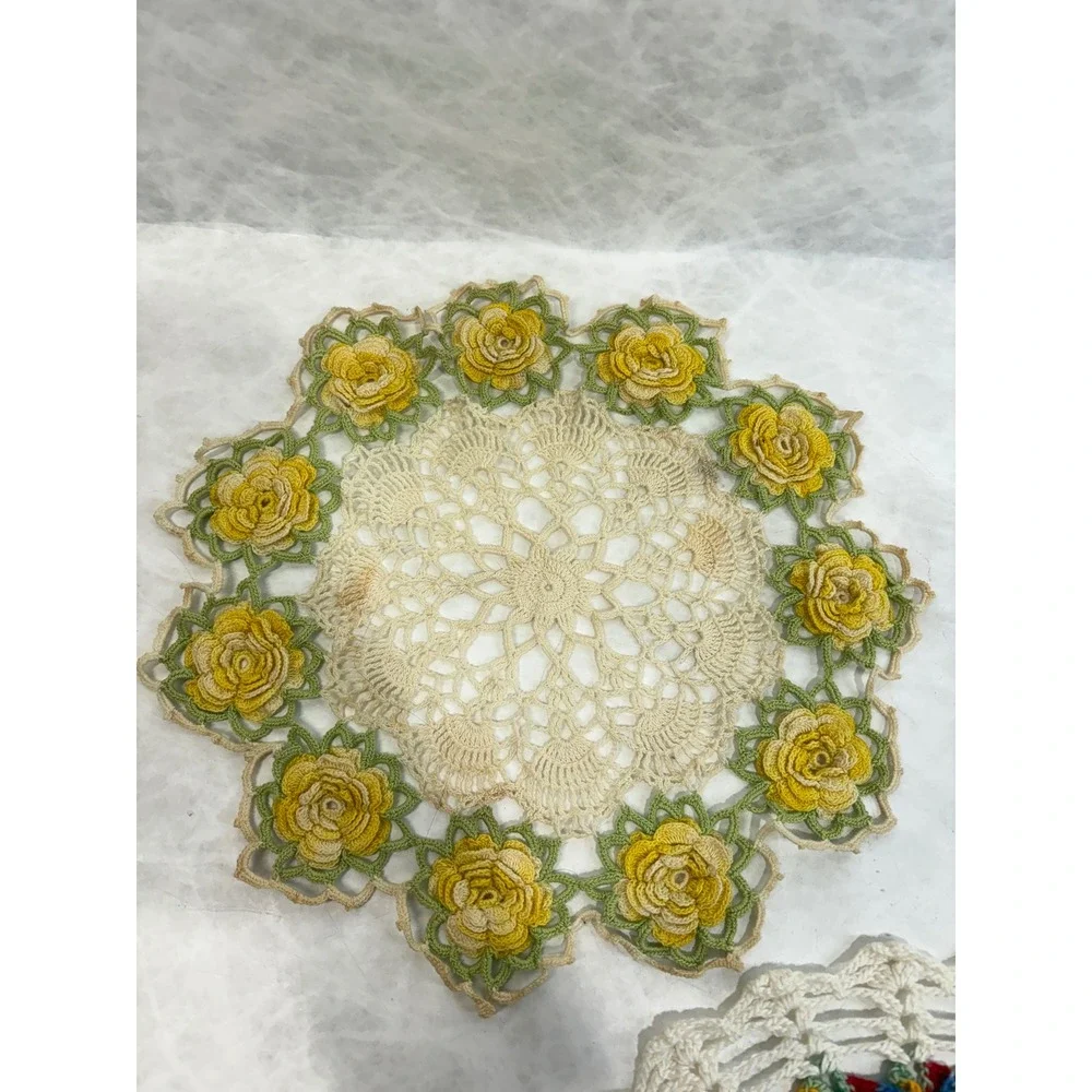 Vintage Handmade Crochet Doilies Set of 2 Yellow Rose 3D Floral Lace Multi-Color